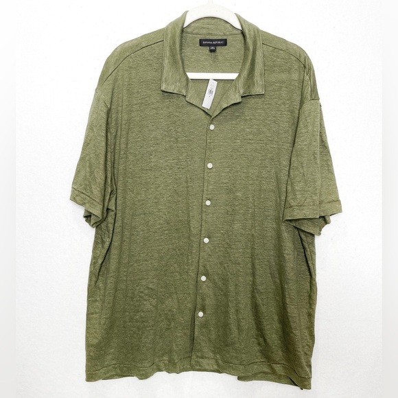 Banana Republic Men's 100% Linen Olive Green Short Sleeve Button Front Shirt XL - Picture 2 of 7